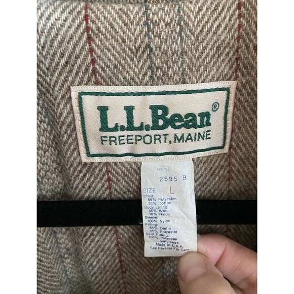L.L.Bean Coat Mens Large Tan Nylon Parka Wool Lined Snap Front Herringbone Liner - Picture 7 of 16